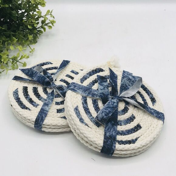One Set of 4 Rope Coffee Coasters Cotton Blue Galaxy Geometric Design Boho 5" - Picture 1 of 6